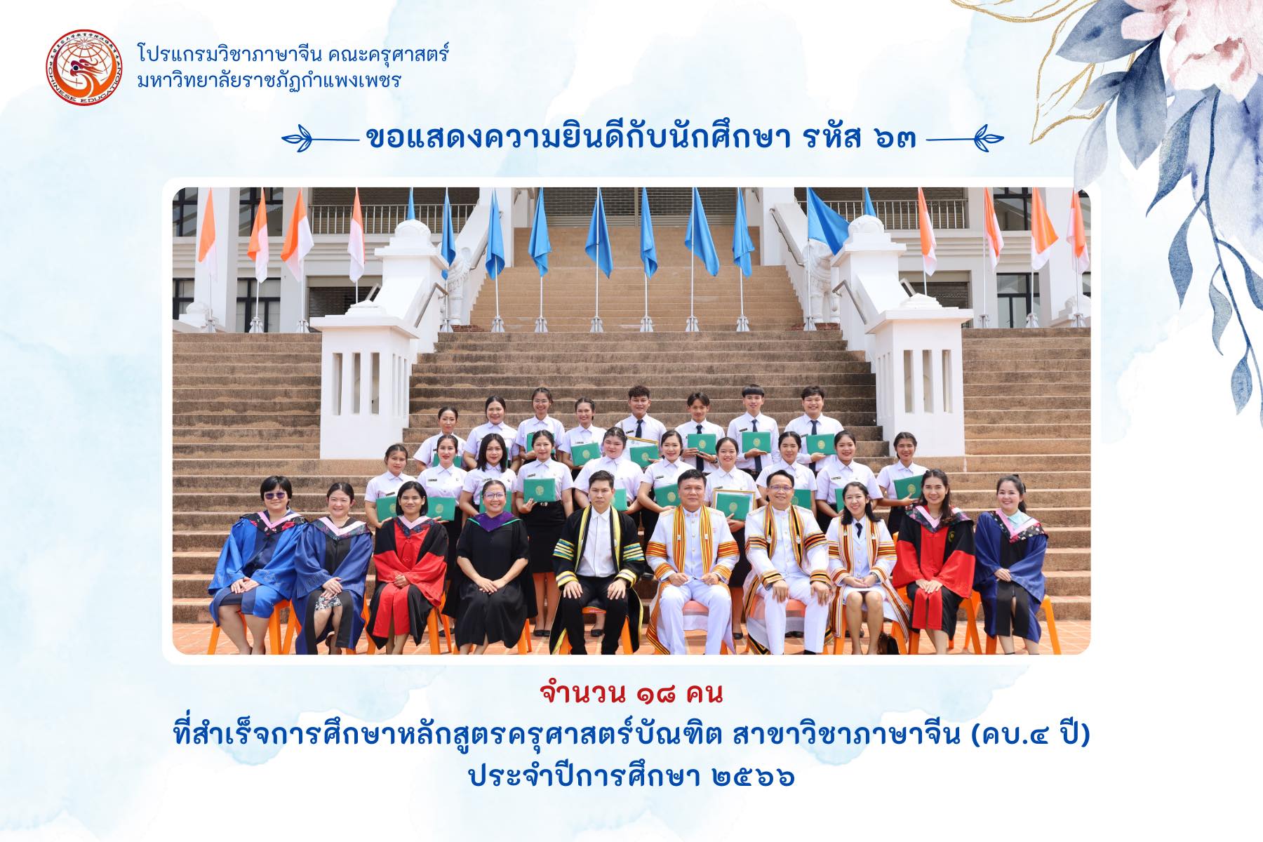 โปรแกรมวิชาภาษาจีน  คณะครุศาสตร์ ขอแสดงความยินดีกับนักศึกษา รหัส ๖๓ ทุกคน ที่สำเร็จการศึกษาหลักสูตรครุศาสตรบัณฑิต สาขาวิชาภาษาจีน  ประจำปีการศึกษา ๒๕๖๖ ขอแสดงความยินดีด้วยอีกครั้งนะคะ