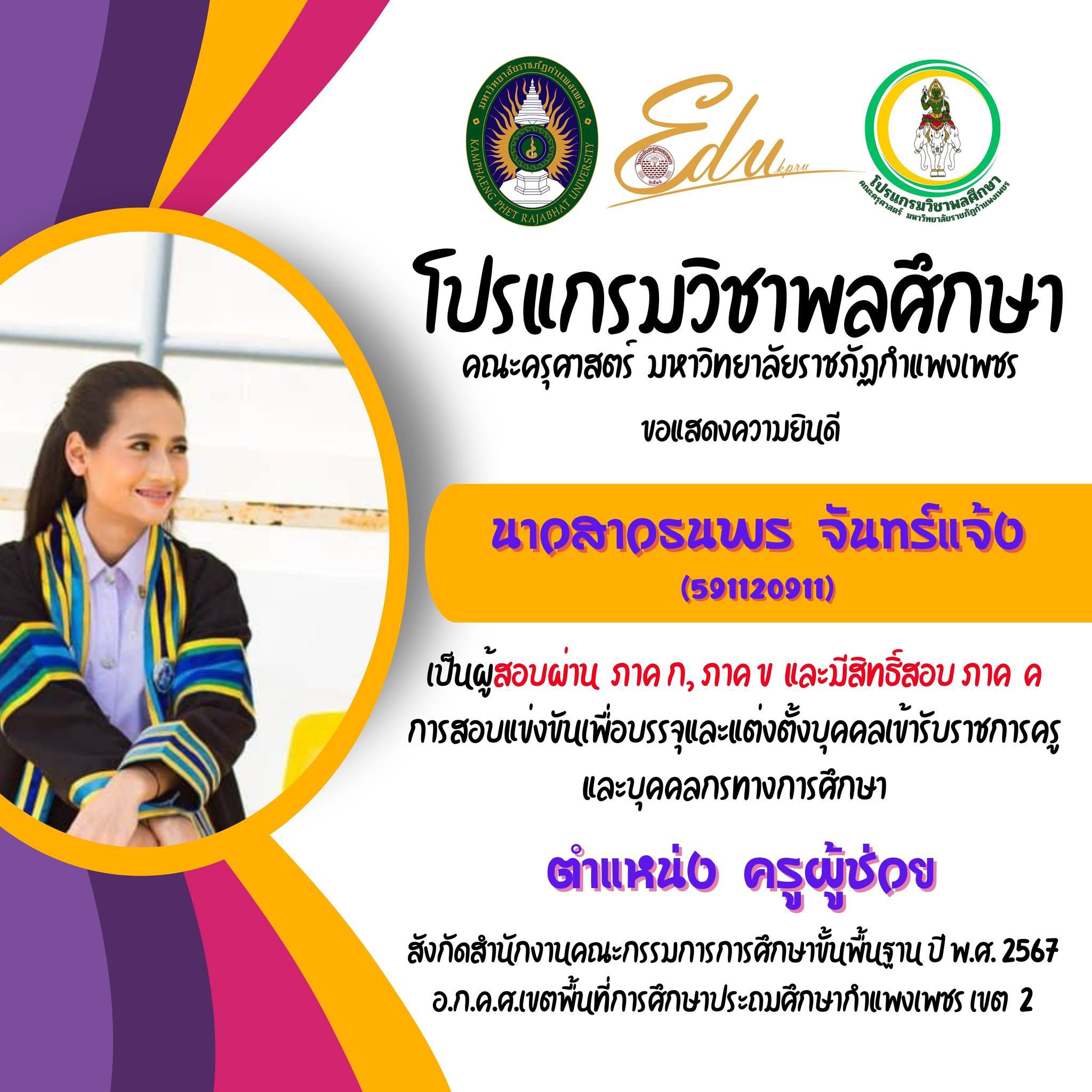 33. โปรแกรมวิชาพลศึกษา คณะครุศาสตร์ มรภ.กำแพงเพชร ขอแสดงความยินดี กับศิษย์พลศึกษาเก่าทุกคน ที่สอบผ่านภาค ก และ ภาค ข เพื่อมีสิทธิเข้ารับการประเมิน ภาค ค การสอบแข่งขันเพื่อบรรจุและแต่งตั้งบุคคลเข้ารับราชการครูและบุคคลกรทางการศึกษา ตำแหน่งครูผู้ช่วย 